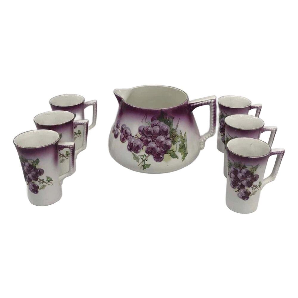 Antique Dresden Hand Painted Cider Pitcher Set, Juice Drinkware Set